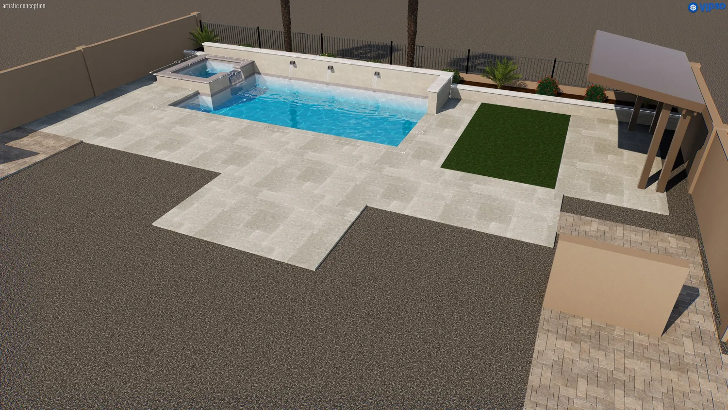 3D design rendering of rectangular pool with raised spa and three water features